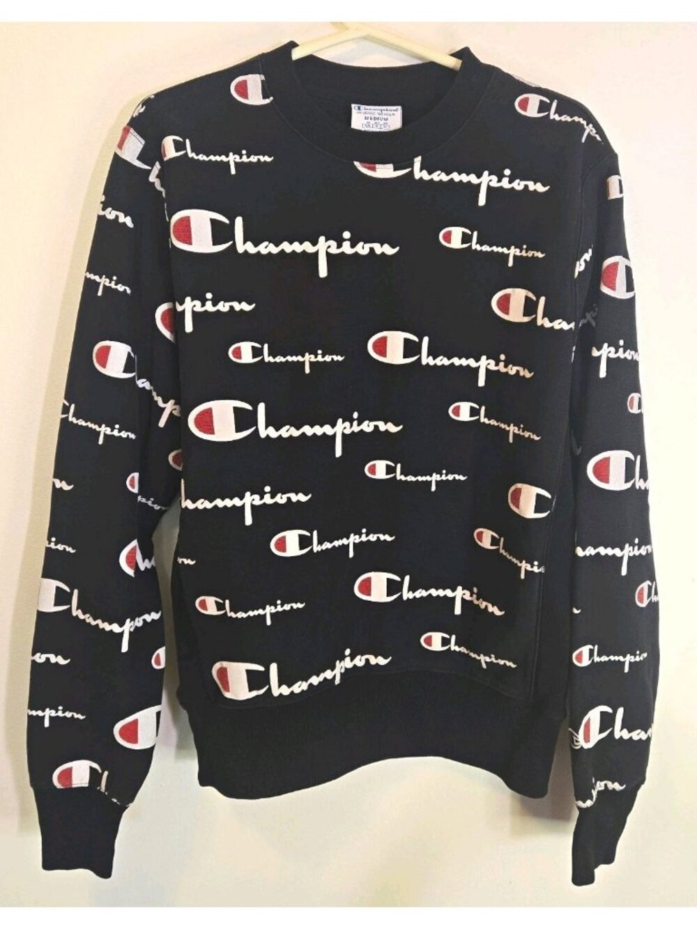 Champion Reverse Weave Medium Black All Over Logo Print Crewneck Sweatshirt